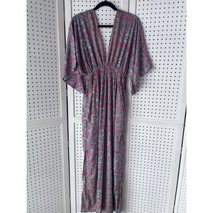 Karma Highway Maxi Dress Women's One Size Flutter SLV Pink Green Gold VNeck